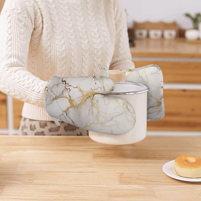 Oven Mitts and Pot Holders Marble Gray Gold White Silicone Kitchen Accessories Set of 2 Heat Resistant Long Gloves Potholder Non-Slip Grip for Chef Cooking,Baking,Grilling,BBQ