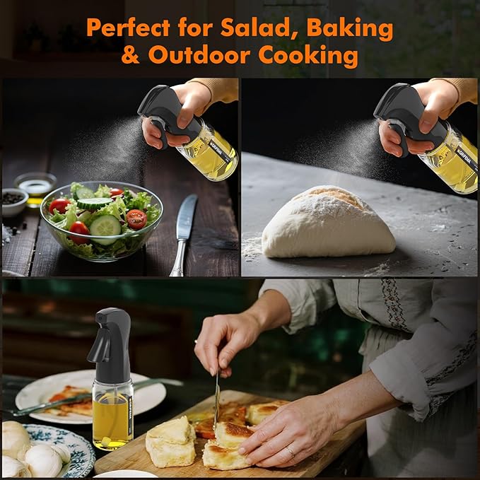 GRIFEMA Oil Spray Bottle for Cooking, 200 ml Glass Olive Oil Mister – Fine Mist Dispenser for Air Fryer, Salad, Baking, BBQ, Vinegar, Black, GE2003B