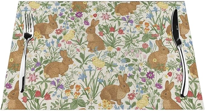 Spring Place mats Set of 4,12x18 Inches Cute Brown Rabbit Floral Placemats Rectangle Easter Decor Bunny Flower Linen Table Mats for Party Home Kitchen Dining Table Decoration