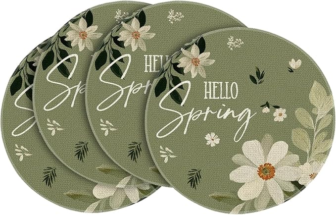Artoid Mode Olive Green Hello Spring Daisy Round Spring Placemats Set of 4, 14 Inch Seasonal Holiday Table Mats for Party Kitchen Dining Decoration