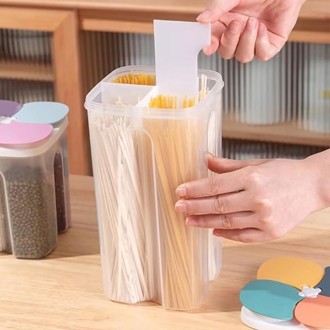 Airtight Cereal Storage Container, Clear 4 Grid Grain Storage Tank Food Storage Container with Lids Noodle Storage Box for Grain, Nuts,Rice, Candy, Snacks(Dark Colored Lid, 2.3L)
