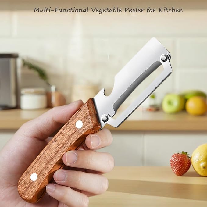 Zero Wooden Kitchen Tool, Multifunctional Vegetable Peeler, Stainless Steel Sharp Blades Carrot Potato Peeler with Wooden Handle and Bottle Opener Kitchen Tool (2Pcs)