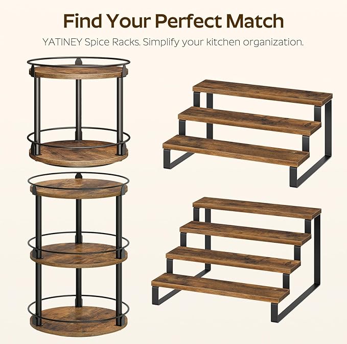 YATINEY Spice Rack, 4 Tier Wooden Display Riser Stand, Kitchen Storage Organizer for Spices, Versatile Display Shelf, Space Saving, for Kitchen Countertop and Cabinet, Rustic Brown SR04L2BR