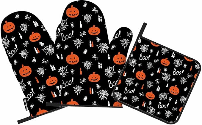 Halloween Oven Mitts and Pot Holders Sets Jack Lantern Pumpkins Candles Spiders Boo Heat Resistant 3pcs for Cooking Baking BBQ