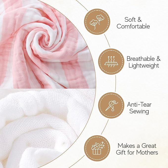 Muslin Hooded Baby Towel 4 Pack, 100% Organic Premium Cotton, (2) 6-Layer 32x32 Bath Towels & (2) Washcloths, Soft Newborn & Infant Gift Set (Pink Stripe & White)