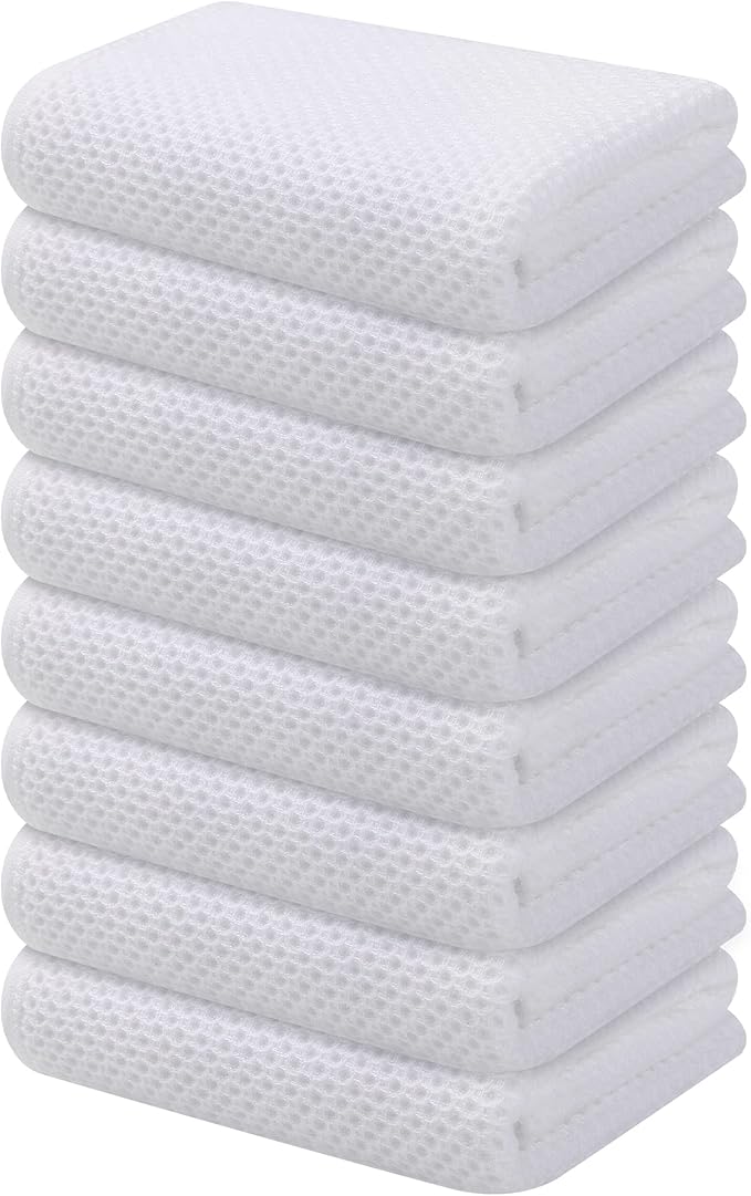 Kitinjoy 100% Cotton Waffle Weave Kitchen Hand Towels (13 X 28 Inches, White), 8-Pack Super Soft and Absorbent Dish Towel for Drying Dishes
