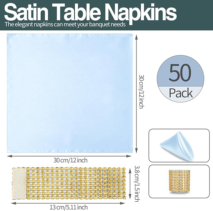 100 Pack Light Blue Satin Napkins and Napkin Rings Set, 12 x 12 Inch Silky Soft Cloth Napkins Set of 50, Square Satin Dinner Table Napkins Bulk for Wedding Banquet Graduation Party Decoration