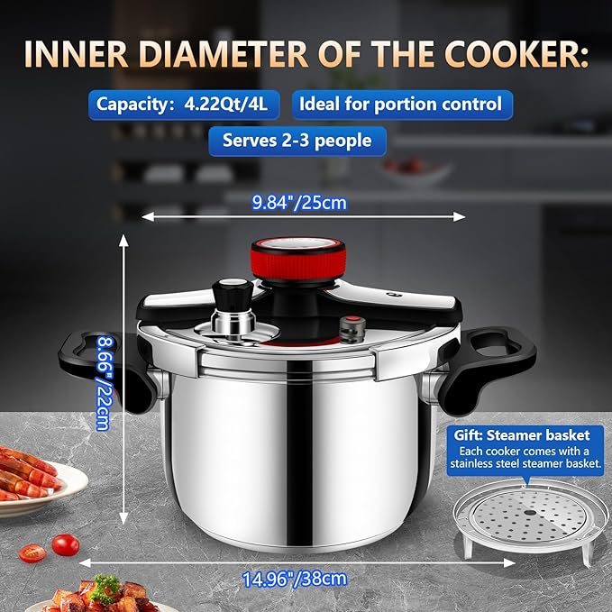 4.22 Quart 304 Stainless Steel Pressure Cooker - Explosion-Proof Safety Lock, One Hand Operation, Fast Cooking, Dishwasher Safe & Induction Compatible Cookware