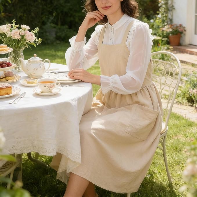 Uaussi Cotton Linen Apron Cross Back Work Apron for Women with Pockets Pinafore Dress X Cross Halter Apron for Chef Gardening