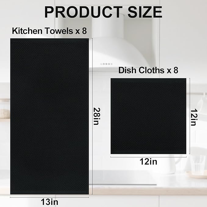 Homaxy 100% Cotton Kitchen Towels and Dishcloths Set, 12 x 12 Inches and 13 x 28 Inches, Set of 16 Bulk Kitchen Towels Set, Ultra Soft Absorbent Dish Cloths for Washing Dishes, Black
