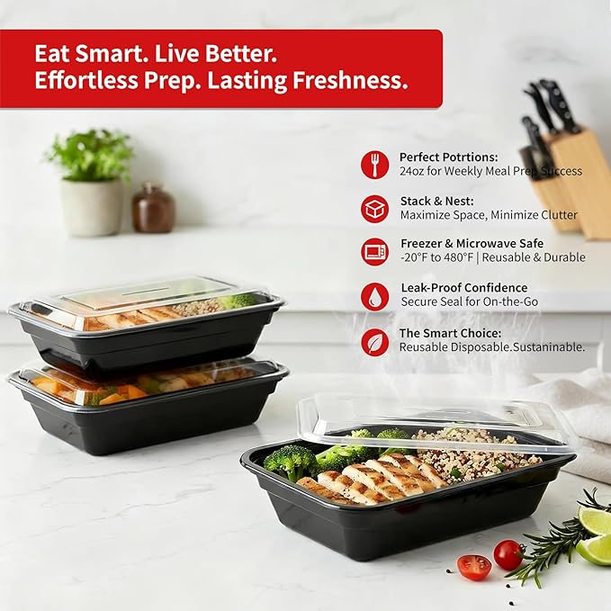 60 Pack 24 oz Meal Prep Containers Reusable, Plastic Food Storage Container with Lids,Leakproof To Go Lunch Boxes, BPA-Free,Freezer, Microwave, Dishwasher Safe Take Out Containers