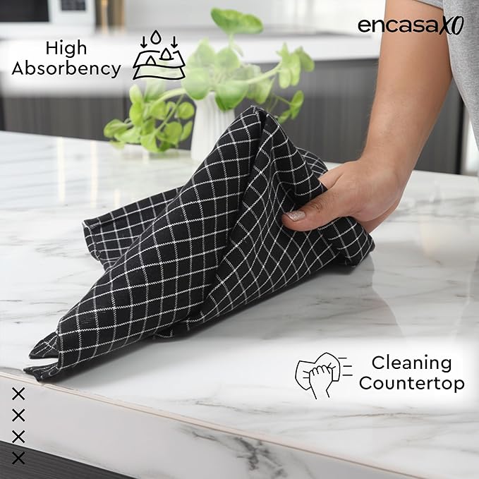 Encasa XO Cotton Kitchen Towel Set | Hand and Tea Cloth for Cleaning & Quick Drying, X-Large 28"x18" (Pack of 4) Highly Absorbent - Butcher Black