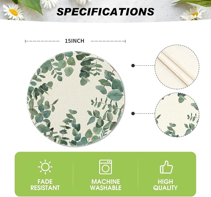 Artoid Mode Eucalyptus Leaves Summer Round Placemats Set of 4, 14 Inch Summer Round Table Mats for Dining Decoration