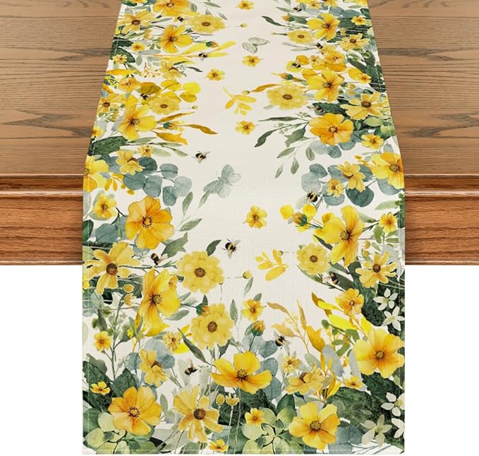 Artoid Mode Daisy Eucalyptus Leaves Spring Table Runner,Seasonal Summer Butterfly Kitchen Dining Table Decoration for Home Party Decor 13x90 Inch