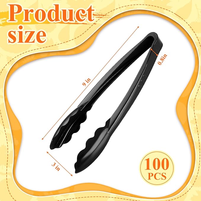 Tessco for you 100 Pcs Plastic Tongs for Serving Bulk, 9 Inch Plastic Disposable Serving Tongs, Heavy Duty Salad Tong for Kitchen, Buffet, BBQ, Events & Catering (Black)