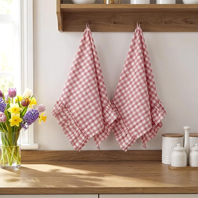 HunnmingRe Pink Kitchen Towels Set of 2, 100% Cotton Ruffled Gingham Dish Towels 18"x28" Absorbent Tea Cloths Classic Plaid Pattern for Farmhouse Charm, Drying Dishes, Entertaining Guests
