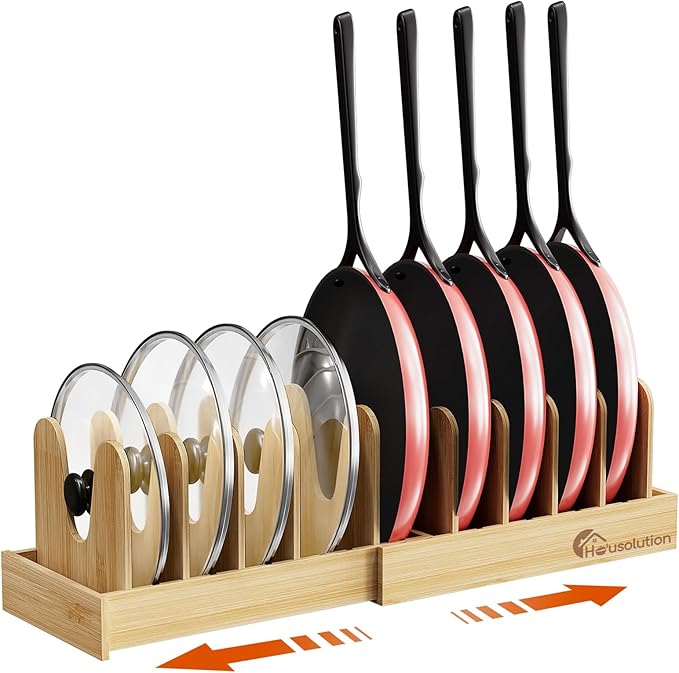 Housolution Bamboo Pot and Pan Organizer for Cabinet, 15"-29" Expandable Pot Lid Organizer with 10 Adjustable Dividers, Pan Holder Storage Rack with Solid Bamboo Wooden Base