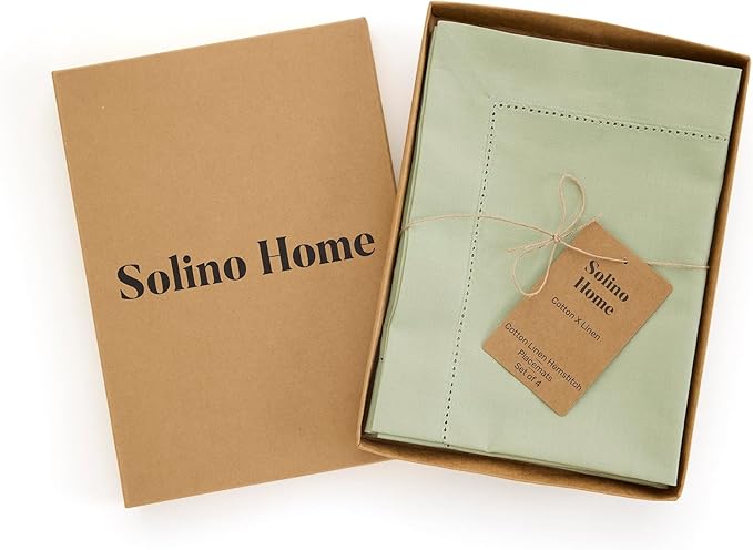 Solino Home Sage Placemats Set of 4 - Cotton Linen Hemstitch Placemats 14 x 19 Inch for Spring, Summer, Mothers Day
