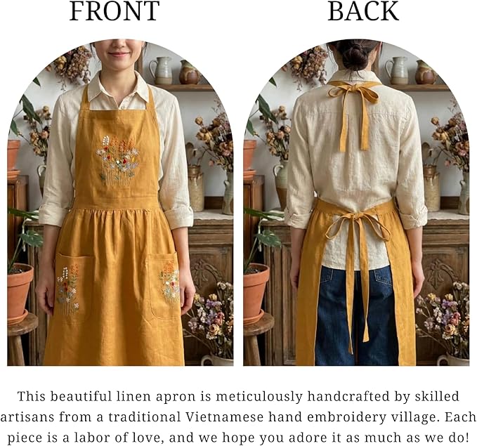 +Linen Embroidered +Apron For +Women With +Pockets, Cute Kitchen Apron, +Cooking +Baking Gifts For Her