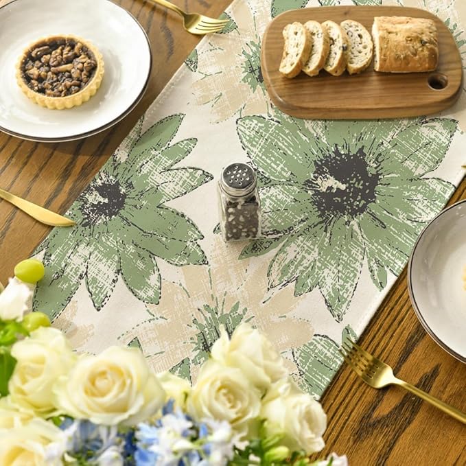 Artoid Mode Green Retro Daisy Spring Table Runner, Seasonal Vintage Kitchen Dining Table Decoration for Home Party Decor 13x72 Inch