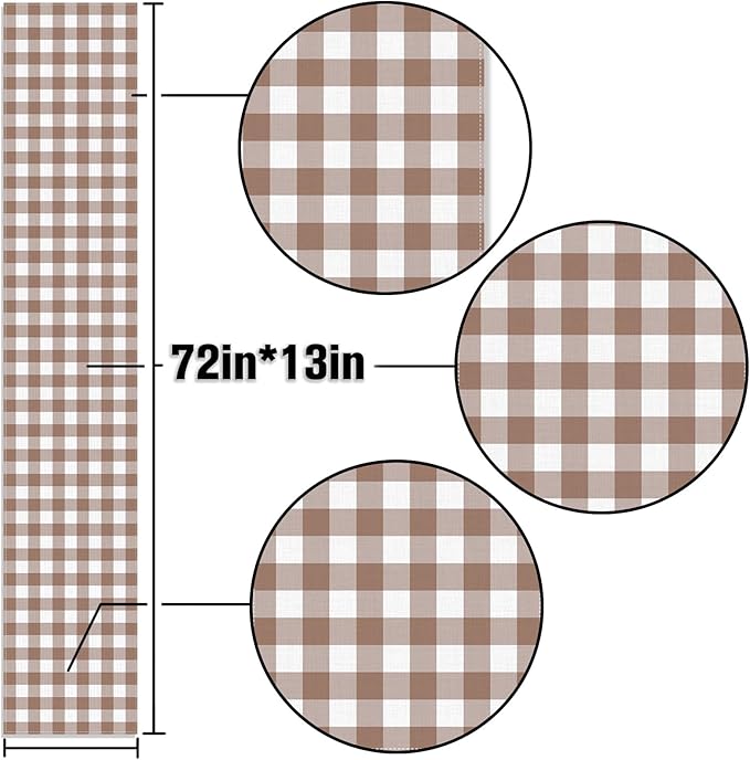 Khaki Gingham Table Runner Light Brown Khaki and White Checkered Birthday Wedding Baby Shower Party Decoration BBQ Picnic Home Kitchen Table Decor (13" x 72")