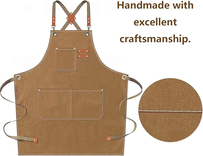 AFUN Chef Aprons for Men Women with Oversized Pockets, 16-Ounce Cotton Canvas Cross Back Heavy Duty Work Apron (Brown)