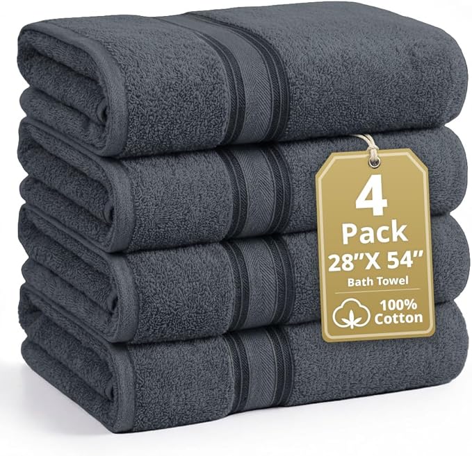 LANE LINEN 100% Cotton 4 Pack Bath Towels Set (28"x54") - Zero Twist, Large Cotton Towels for Bathroom - Quick Dry, Soft & Absorbent Bath Towel Set - Remains Soft After Multiple Washes - Cool Grey