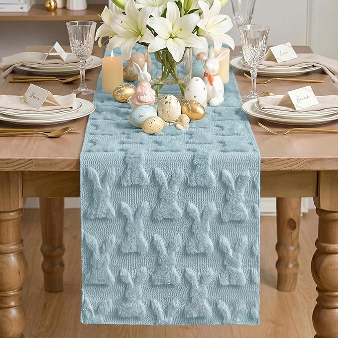 Artoid Mode Blue Soft Plush Faux Fur Jacquard Bunny Rabbit Easter Table Runner, Seasonal Kitchen Dining Table Decoration for Home Party Decor 13x72 Inch