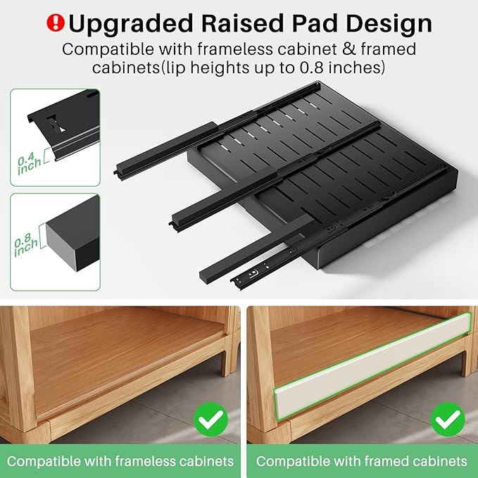 Pull out Cabinet Organizer, Wider Expandable(14"-24") Heavy Duty Slide out Drawers Fixed with Adhesive Nano Film for Pots and Pans, Roll out Shelf Storage for Kitchen Base Organization(Black)