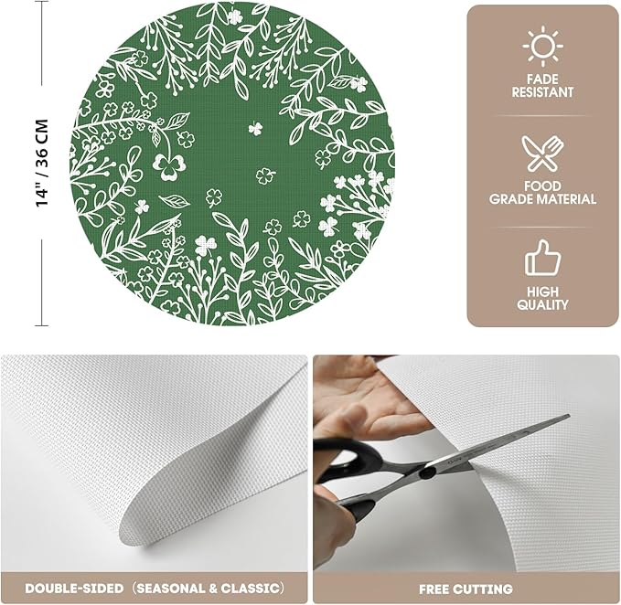 Artoid Mode Green Leaves Vinyl Round Placemats Set of 4, 14 Inch Washable Non-Slip Heat Resistant Woven Plastic Spring Table Mats for Party Kitchen Dining Decor