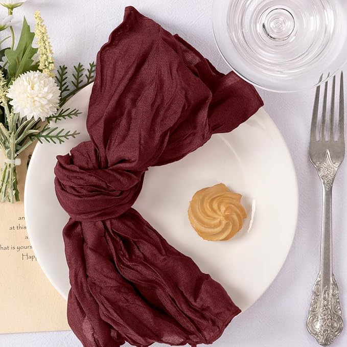 MLMC 10 Pack Cheesecloth Napkins Wedding Napkins 21"x21" Boho Reusable Napkins in Bulk for Wedding Bridal Baby Shower Events Table Decor Burgundy