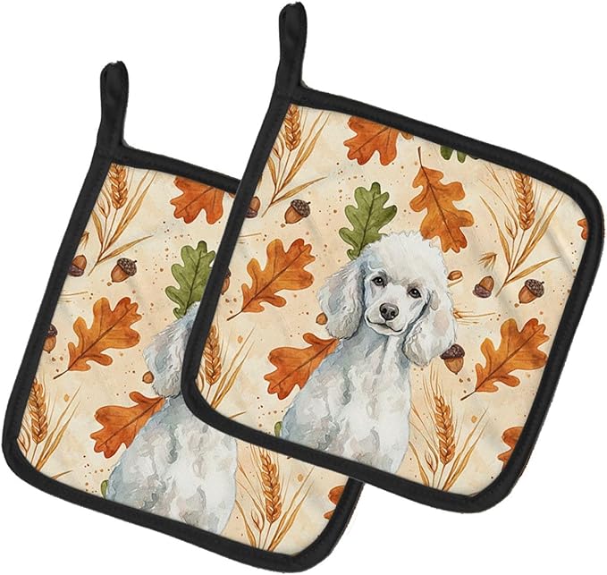 Caroline's Treasures Standard White Poodle Heirloom Fall Pair of Pot Holders Pair 7.5x7.5 Quilted Insulated Hot Pads Decorative Kitchen Gift Made in USA