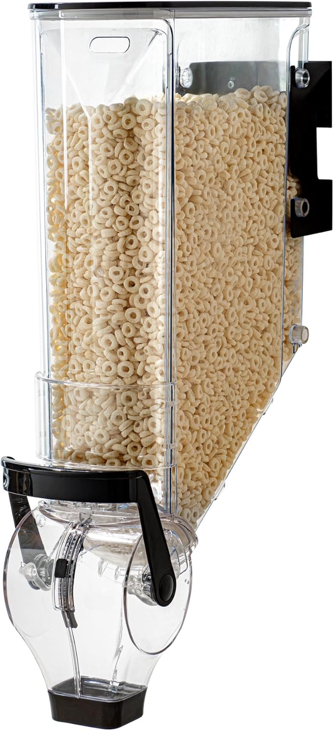 Restaurantware Cereal Dispenser 5 gal Plastic Wall-Mounted Gravity Bin Candy Dispenser Self-Serve Black Dry Food with Wall Mount Brackets for Breakfast Buffet or Hotel Use
