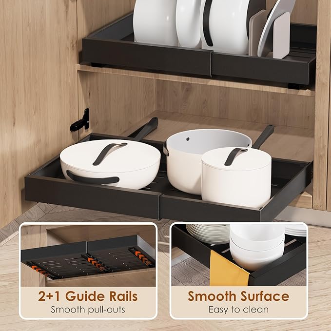 1 Pack Expandable Pull Out Cabinet Organizer 21" Deep, Adjustable Width 12.6"-20.5", No Drill Adhesive with Triple Track Rails, Heavy Duty Slide Out Drawers for Kitchen, Pantry, Cabinets,Black