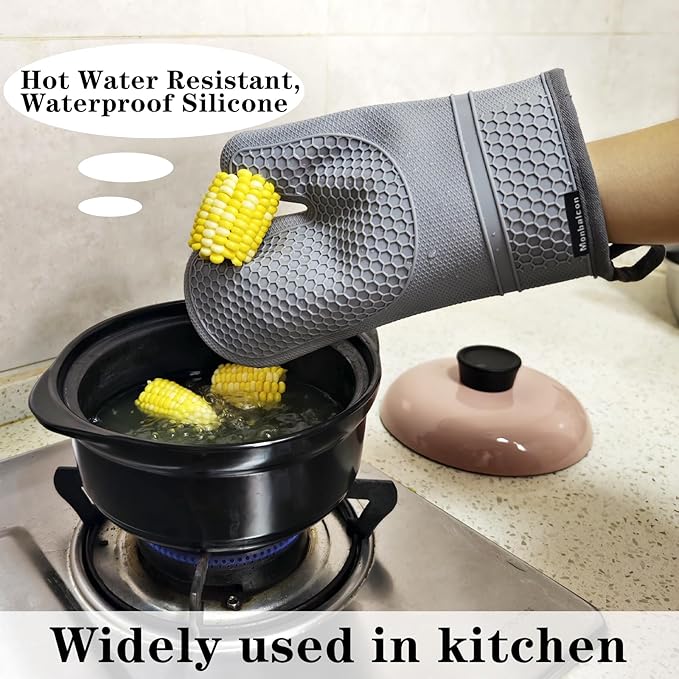 Silicone Oven Mitts Heat Resistant to 500ºF - [Ultra Heat Resistant] [Thickened Liner] [Waterproof Silicone] Kitchen Oven Gloves Mittens for Cooking, 1 Pair (Grey)