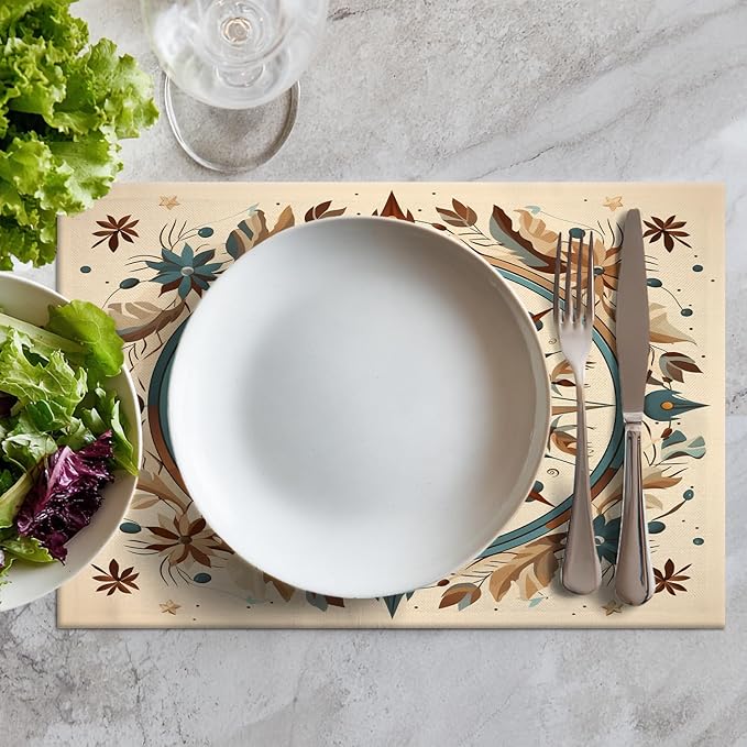 Batmerry Compass Rose Placemats, Floral Themed Design Washable Linen Table Mats for Kitchen Table Double Insulation Decor Dining Set Indoor Outdoor 12X18 in Set of 6
