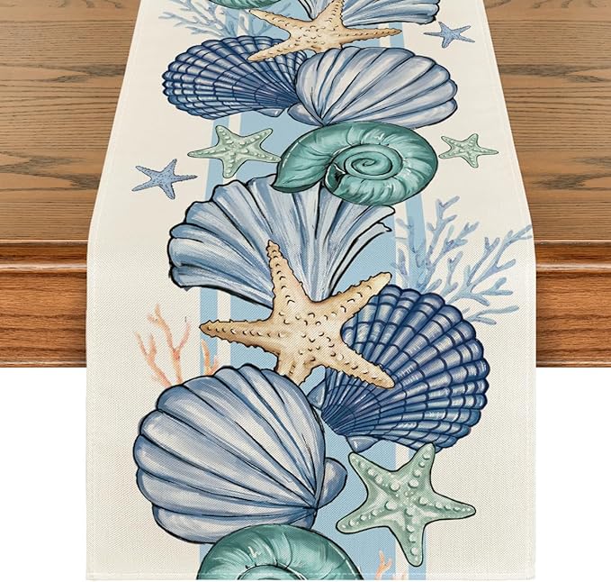 Artoid Mode Sea Shell Starfish Summer Table Runner,Spring Ocean Kitchen Dining Table Decoration for Home Party Decor 13x36 Inch
