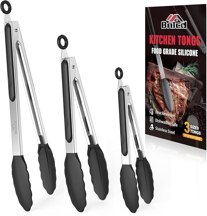 600ºF Heat Resistant Kitchen Tongs, Premium Locking Cooking Tongs with Silicone Tips, Non-Slip Food Tongs for Cooking, Non-Stick, Heavy Duty Stainless Steel Handle, Set of 3-7" 9" and 12" Black