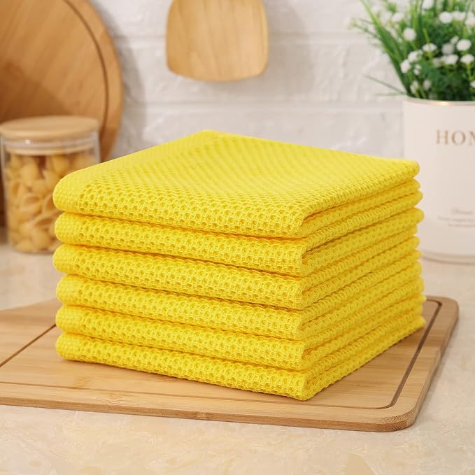 Kitinjoy 100% Cotton Kitchen Dish Cloths (12 X 12 Inches, Yellow), 6 Pack Waffle Weave Ultra Soft Absorbent Dish Towels for Drying Dishes Quick Drying Kitchen Towels Dish Rags