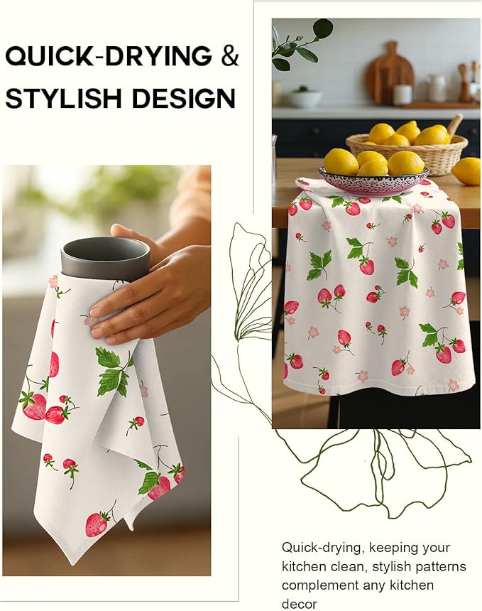 Miss Adola Flour Sack Kitchen Towels - Set of 2 Spring Dish Towels with Hanging Loop 18x26 Inch Absorbent Reusable Cotton Cloths for Cleaning Cute Design Home Decorative Housewarming, Color Strawberry