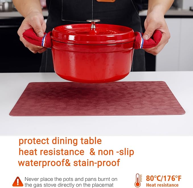 Vinyl Placemats Set of 4 Heat Resistant Easy Clean Non-Slip Place Mats for Dining Table Faux Leather Waterproof Stain Resistant Wipeable Washable PVC Table Mats(4, Red)