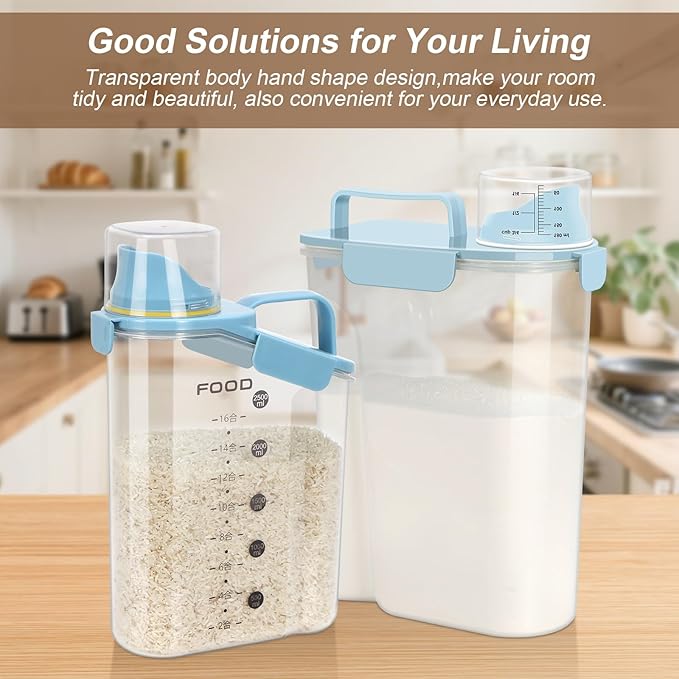 LEAWALK 3+6Qt Rice Storage Container Upgraded Large Nozzle BPA-free, With 4 Sealed Clasps, 1 Measuring Cup and Handle for Snacks, Rice, Grains, Flour, Sugar, Pet Food, Etc-Elegant Blue 2Pack