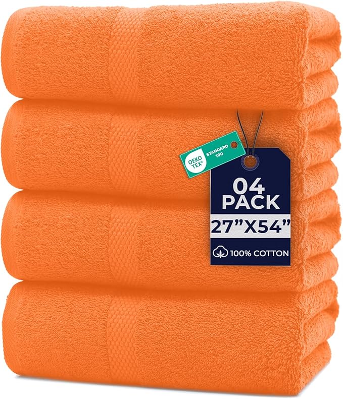 DAN RIVER Bath Towels Set of 4, 27 x 54 Inches, 100% Cotton, Larger & Lighter Weight, Quicker to Dry, Super Soft and Absorbent, Ideal Bathroom Towels Set for Daily Use, Orange