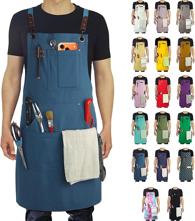 Kitchen Apron, Work Apron, Canvas, Multiple Pockets, Gardening, Painting, BBQ, Artist, Carpenter, Sizes M to XXL, Blue