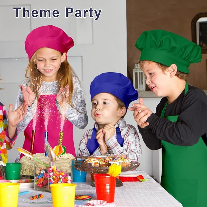 Kids Apron and Chef Hat Set, 24 Pieces Boys Girls Kids Apron with 2 Pockets Adjustable for Cooking Classroom Baking Painting, 6-13 Years, Bright Color