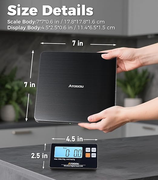 Atogou Upgraded Wireless Food Scale, 33lb/15kg Kitchen Scale with Detachable Display & Larger Platform, 0.1oz/1g, 9 Units, Counting Function, Stainless Steel, for Cooking, Baking, Shipping, Black