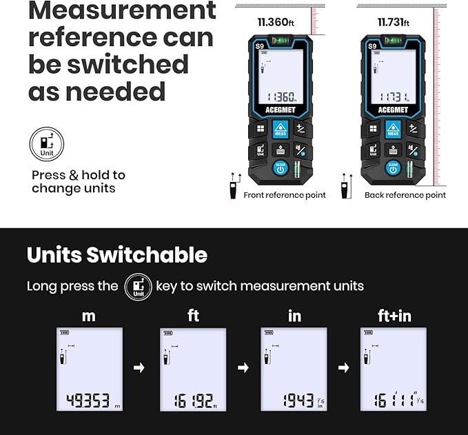ACEGMET Laser Measure with Phone App, 229ft/70m Laser Measurement Tool with 2 Bubble Levels, LCD Backlit Display, IP54 Waterproof, Pythagorean Mode for Distance, Area, Volume