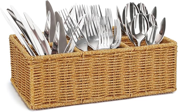 Wicker Utensil Caddy, Woven Rattan Silverware Caddy, Countertop Cutlery Storage Basket Flatware Organizer, Knife Fork Spoon Holder for Party, Cabinet Tabletop Utensil Holder (L, brown)