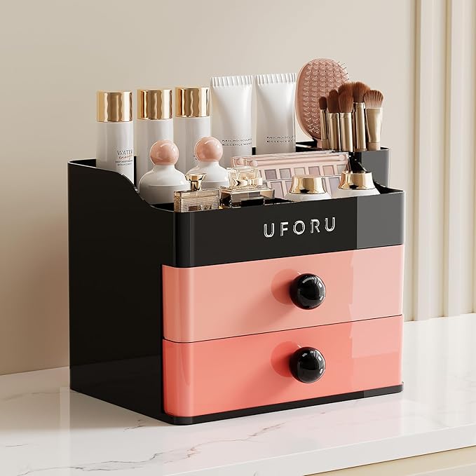 Makeup Organizer for Vanity with Brush Holder, Countertop Skincare Organizer with 2 Drawers, Spacious Cosmetic Display Case for Perfumes, Eyeshadow Palettes, Nail Polishes