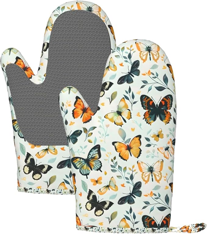 Butterfly Silicone Oven Mitts Set of 2, Heat Resistant up to 500°F, Kitchen Oven Gloves with Non-Slip Grip and Soft Cotton Lining for Baking, Cooking and BBQ
